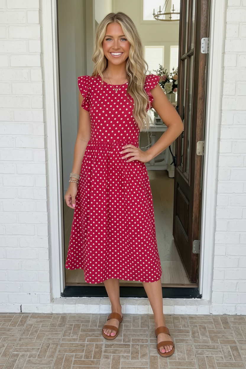 Sweet Days Red Polka Dot Midi Dress    Joy & Country