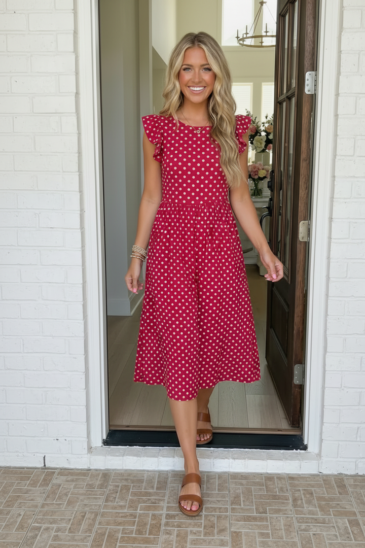 Sweet Days Red Polka Dot Midi Dress    Joy & Country