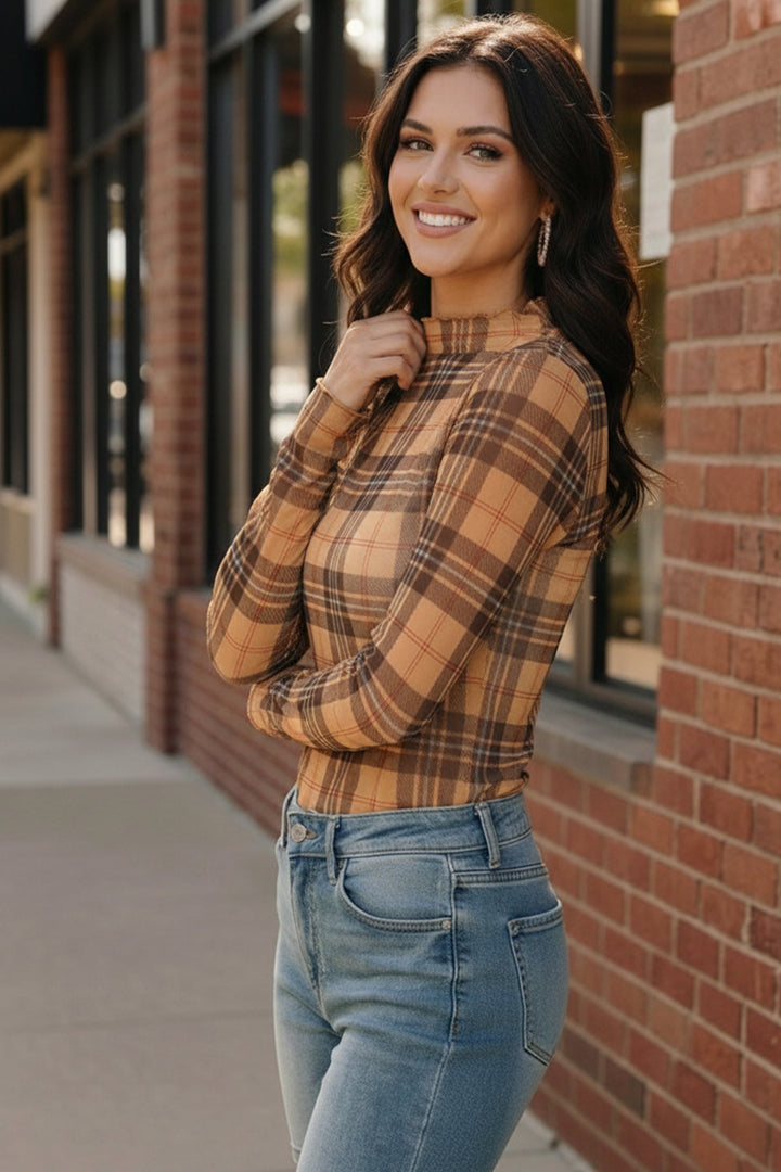 Chai Latte Plaid Mesh Mock Neck    Joy & Country