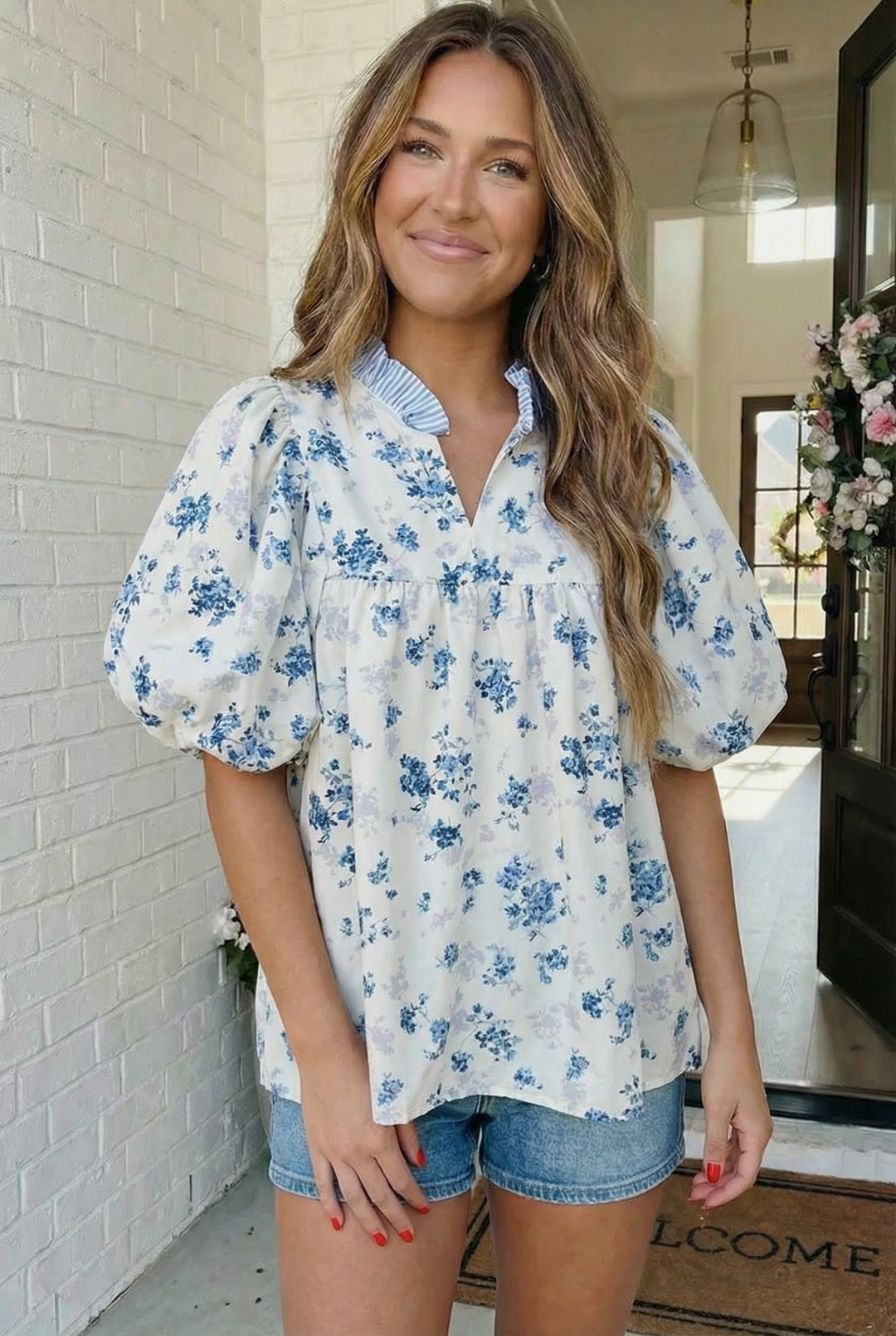 Sweet in Blue Floral Puff Sleeve Babydoll Top    Joy & Country