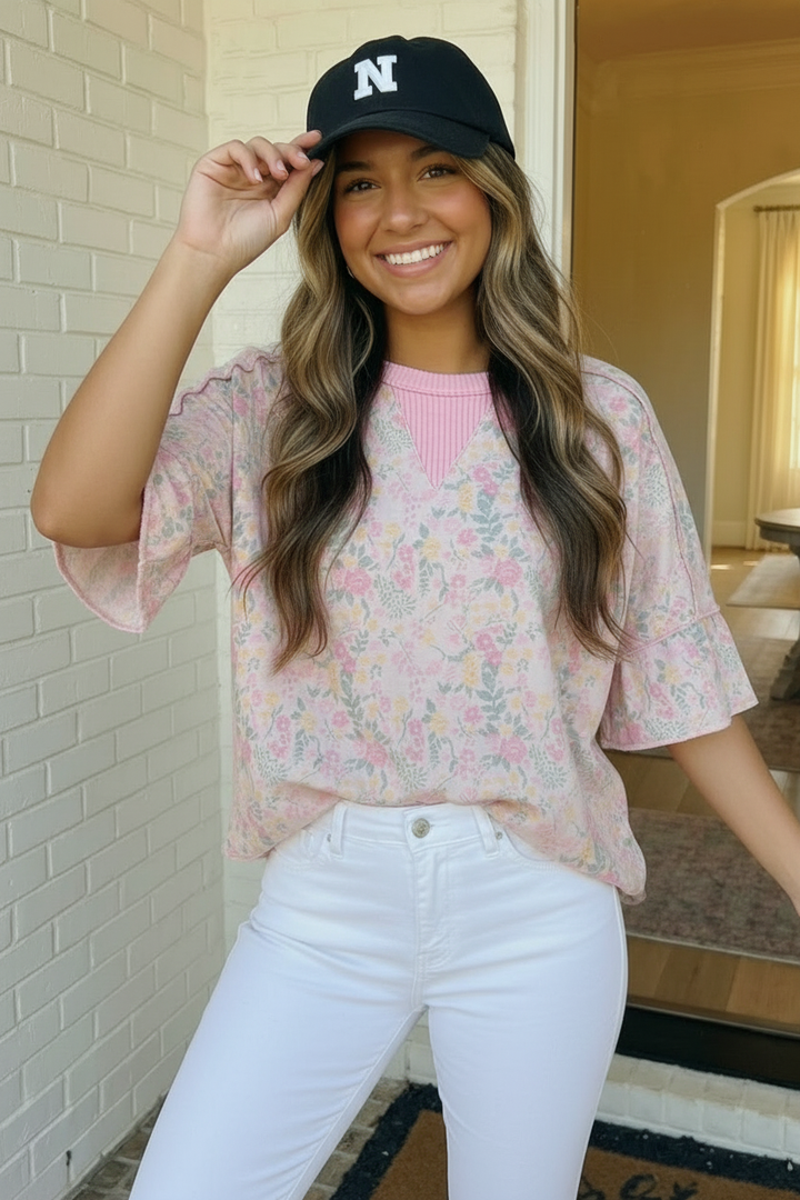 Sweet Garden Floral Drop Shoulder Top    Joy & Country