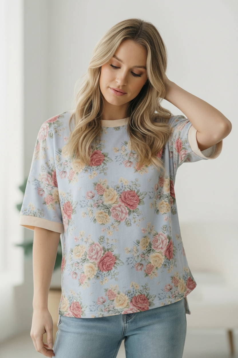 Vintage Bloom Light Blue Boyfriend Tee    Joy & Country