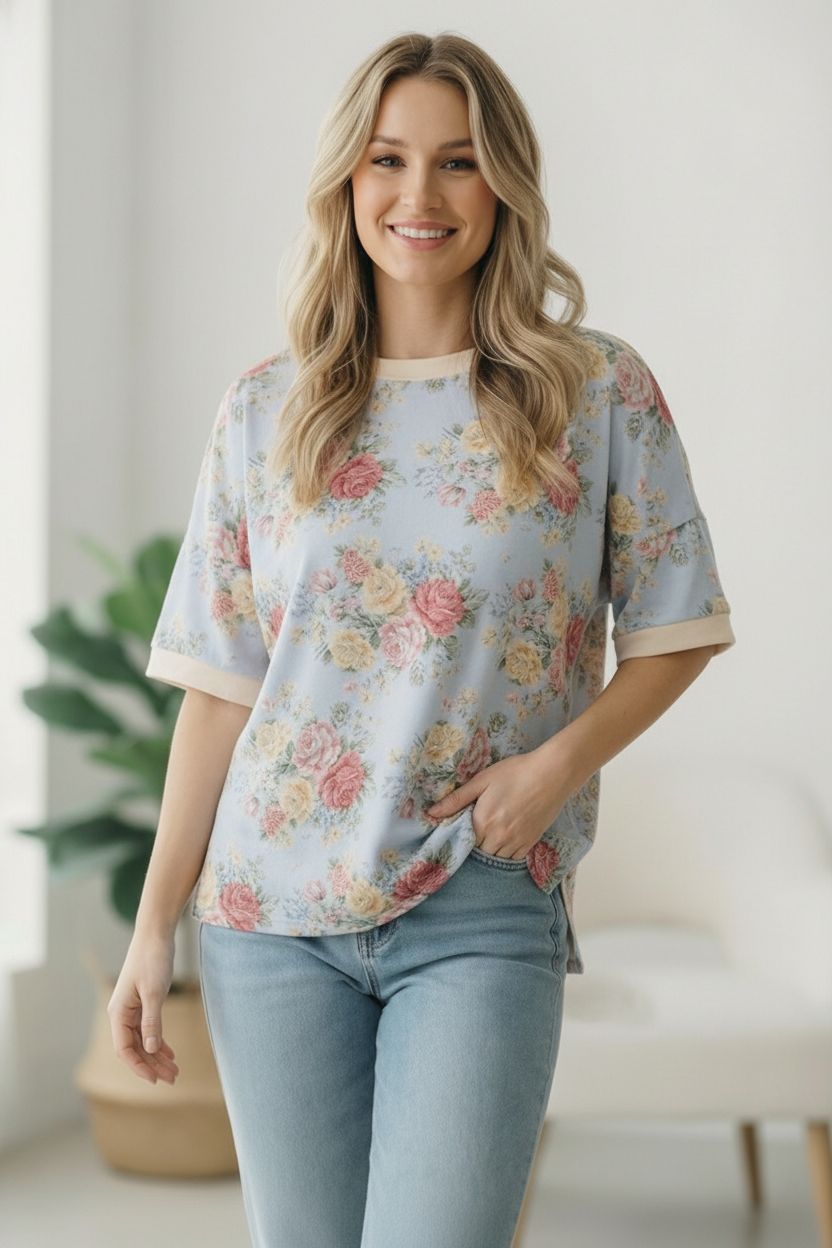 Vintage Bloom Light Blue Boyfriend Tee    Joy & Country