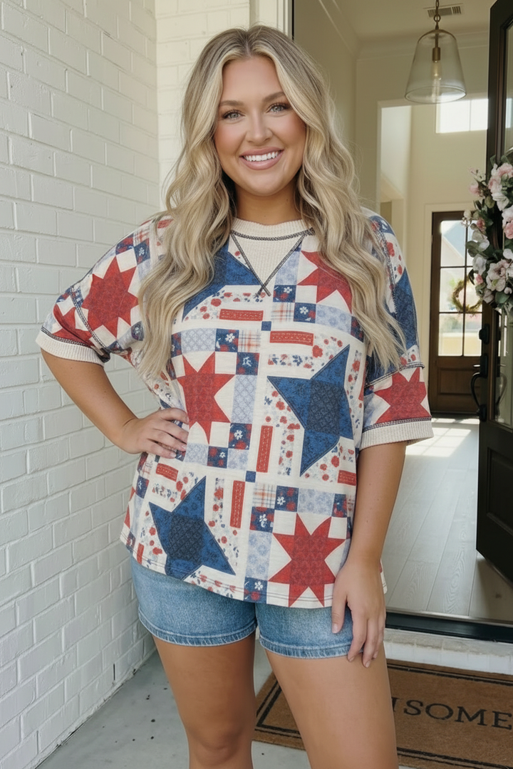 Star Patch Quilted Americana Statement Top