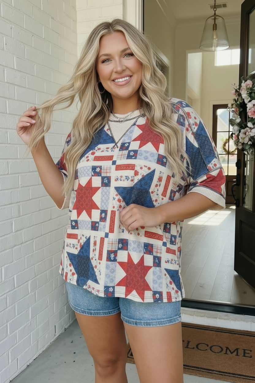 Stars and Patches Quilted Print Top    Joy & Country