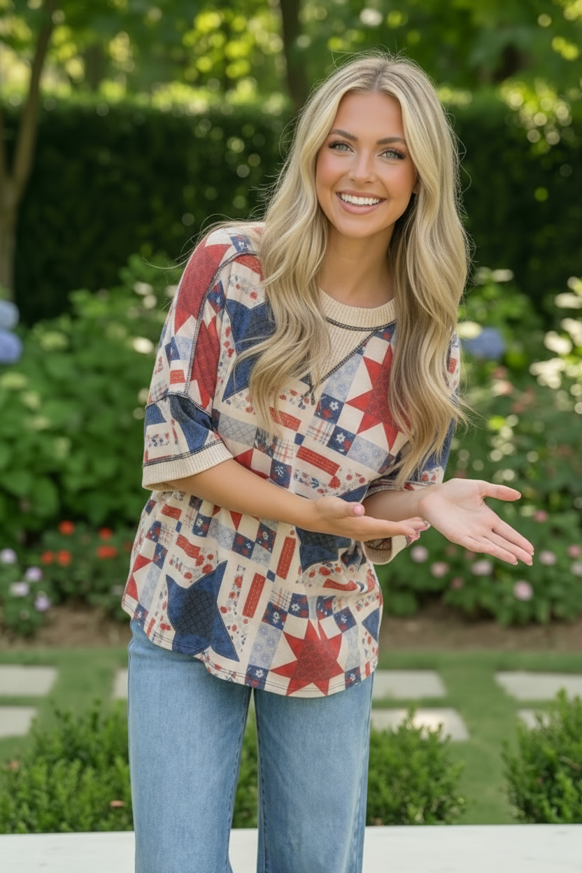 Stars and Patches Quilted Print Top    Joy & Country