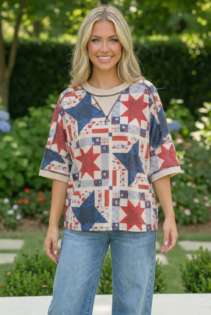 Stars and Patches Quilted Print Top    Joy & Country