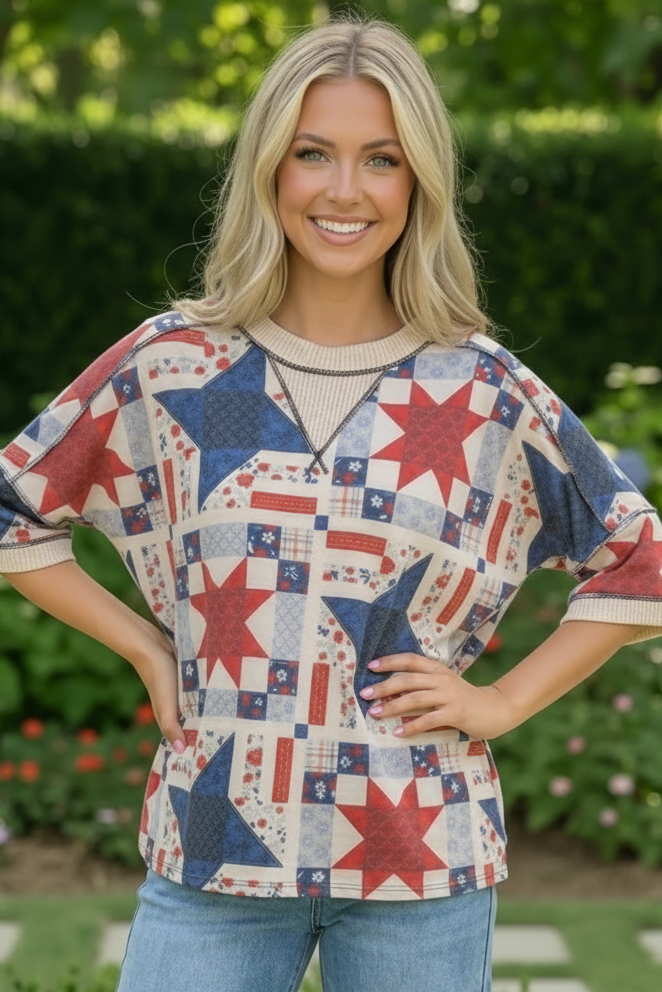 Stars and Patches Quilted Print Top    Joy & Country
