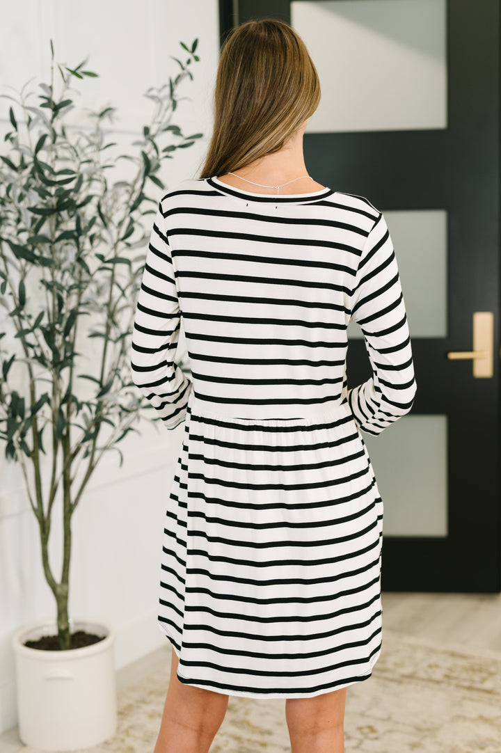 Haute Mess Scooped Hem Casual Dress in Black and White Striped   Womens Joy & Country