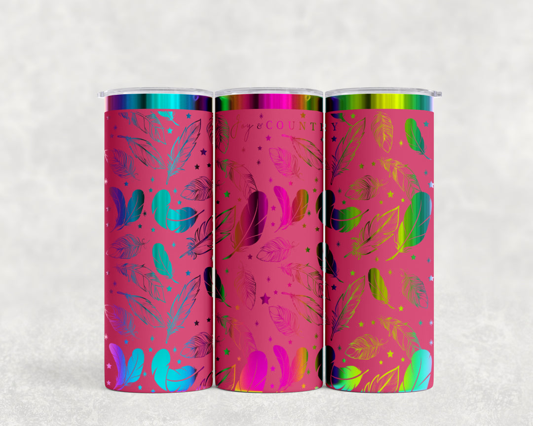 [PRE-ORDER] Whispers Of Faith Multi-Feather Design Multicolor Iridescent - 20 oz. Stainless Steel Laser-Engraved Skinny Tumbler [SHIPS IN 1-2 WEEKS] - Joy & Country
