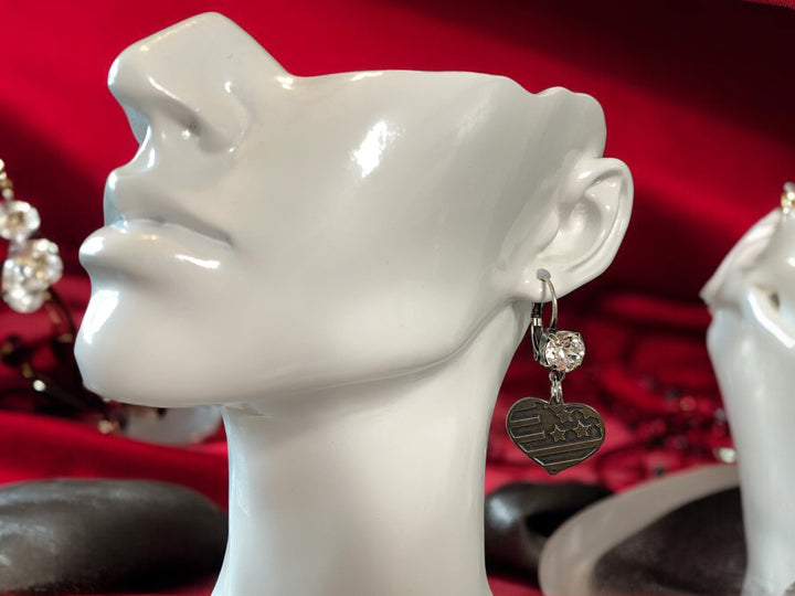 [PRE-ORDER] I Love The USA - American Flag Heart Crystal Dangle Earrings - Fight, Fight, Fight Collection [SHIPS in 3-5 WEEKS]   Earrings Joy & Country