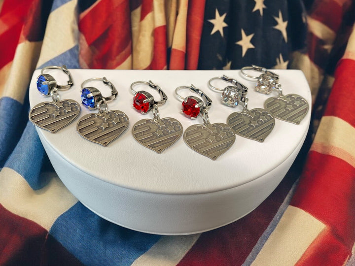 [PRE-ORDER] I Love The USA - American Flag Heart Crystal Dangle Earrings - Fight, Fight, Fight Collection [SHIPS in 3-5 WEEKS]   Earrings Joy & Country