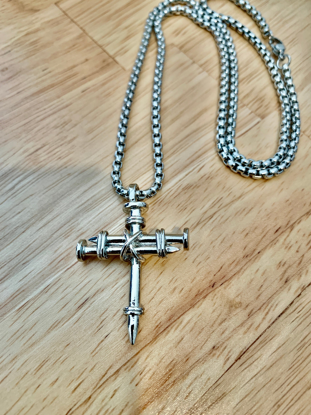 Nail Cross Necklace on Heavy 24" Stainless Steel Box Chain - Pewter   Necklaces Joy & Country
