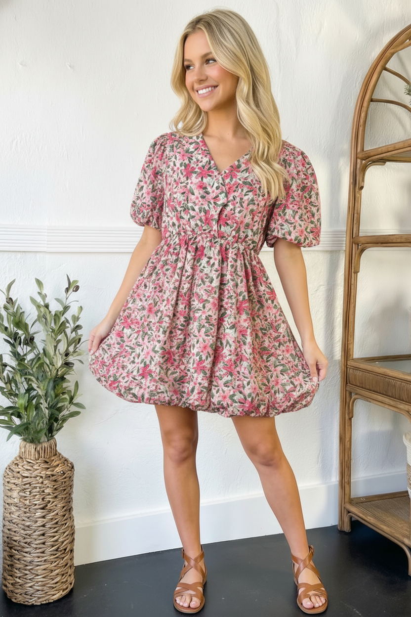 Freshly Picked Pink Florals Cotton Bubble Dress    Joy & Country
