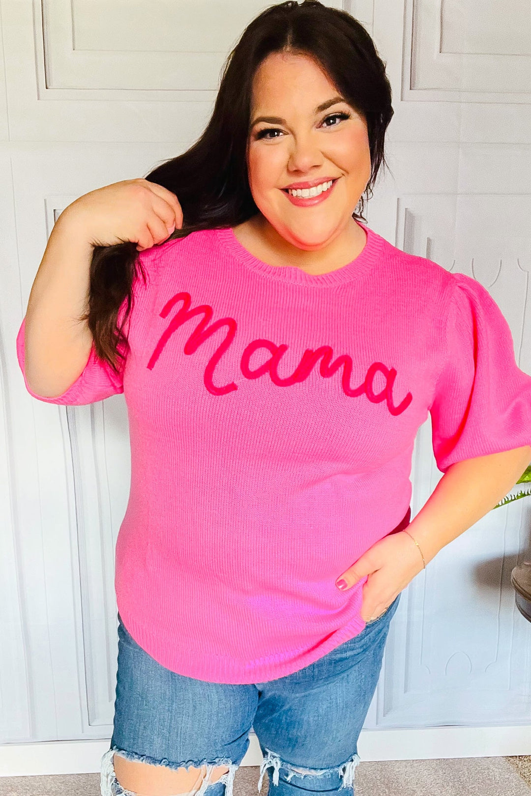 "Mama" Embroidery Pop-Up Sweater Top - Pink