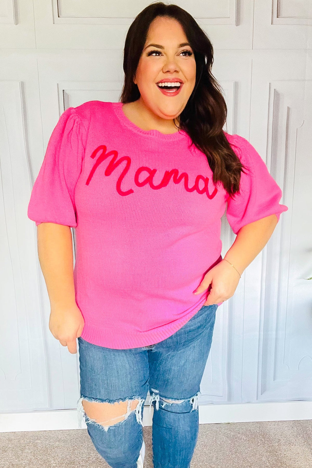 "Mama" Embroidery Pop-Up Sweater Top - Pink