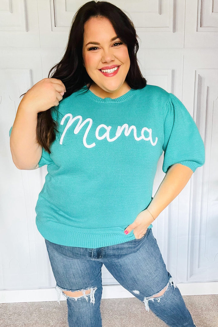 "Mama" Embroidery Pop-Up Sweater Top - Mint
