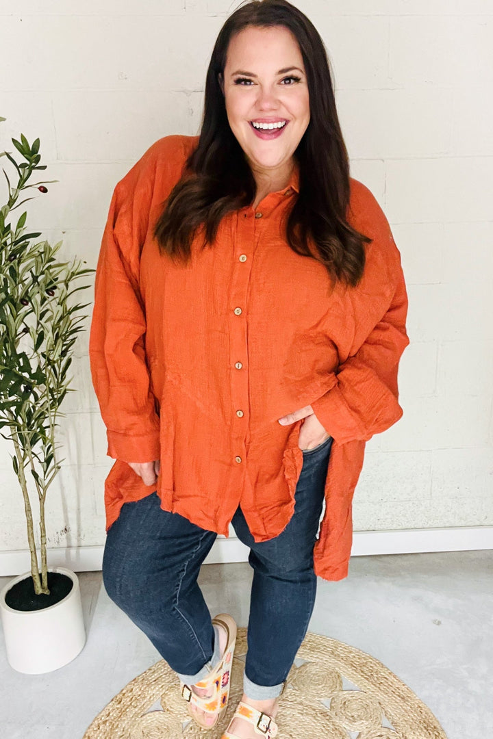 Everyday Rust Button Down Sharkbite Cotton Tunic Top   2024 Blow-Out Sale Joy & Country