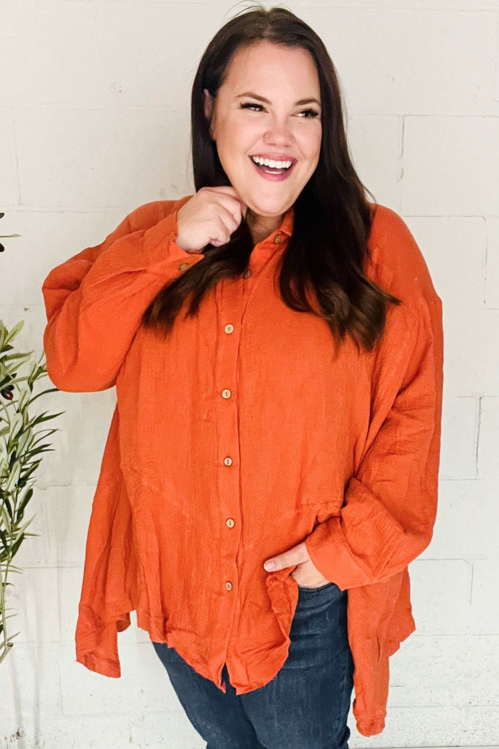 Everyday Rust Button Down Sharkbite Cotton Tunic Top   2024 Blow-Out Sale Joy & Country