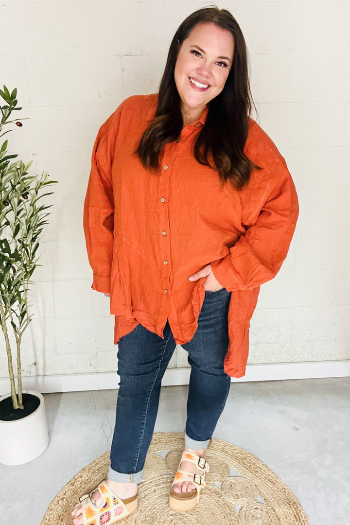 Everyday Rust Button Down Sharkbite Cotton Tunic Top   2024 Blow-Out Sale Joy & Country