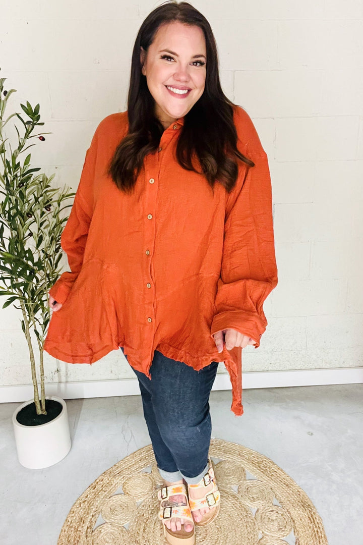 Everyday Rust Button Down Sharkbite Cotton Tunic Top   2024 Blow-Out Sale Joy & Country