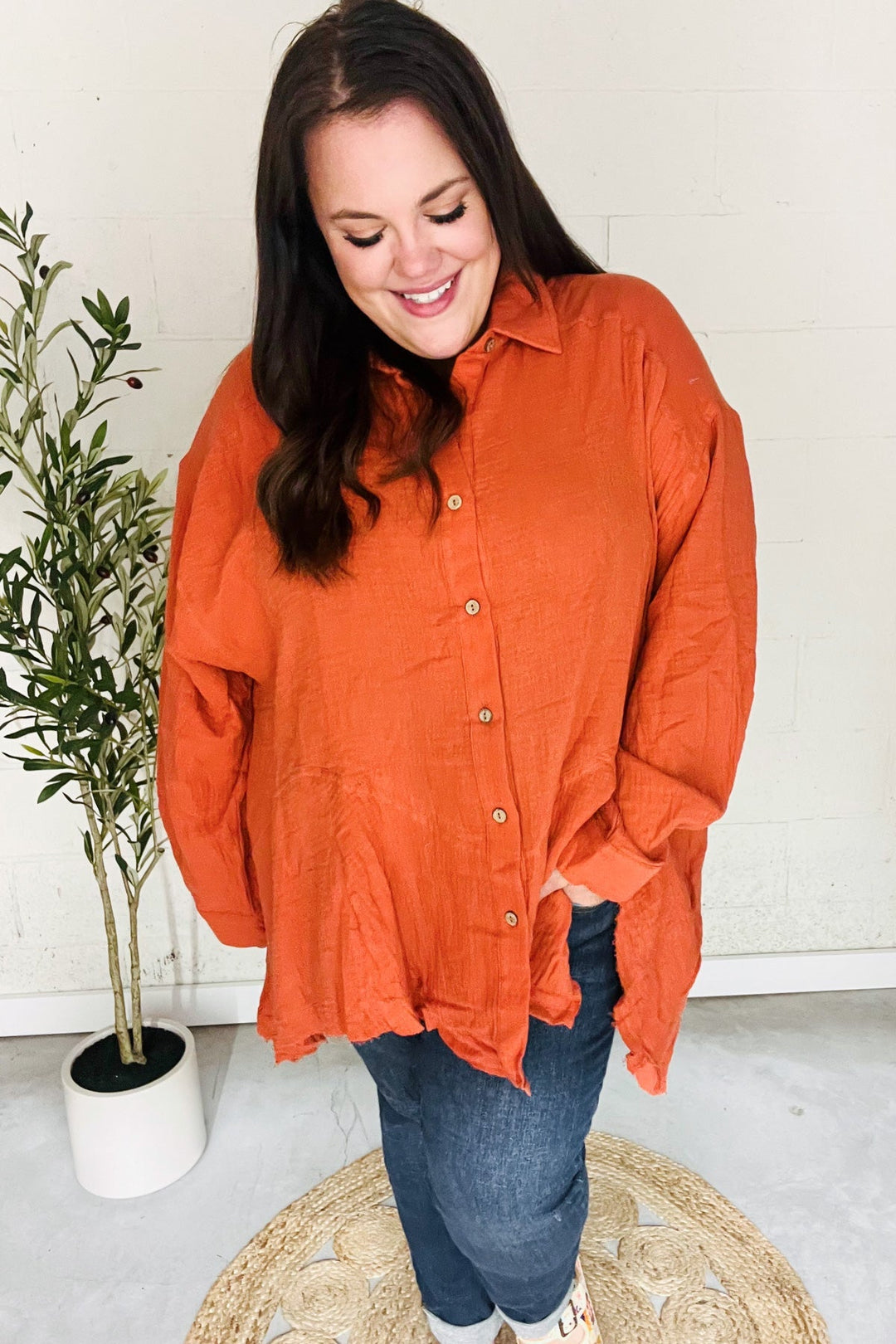Everyday Rust Button Down Sharkbite Cotton Tunic Top   2024 Blow-Out Sale Joy & Country