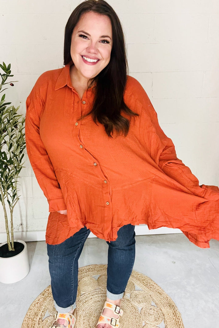 Everyday Rust Button Down Sharkbite Cotton Tunic Top   2024 Blow-Out Sale Joy & Country
