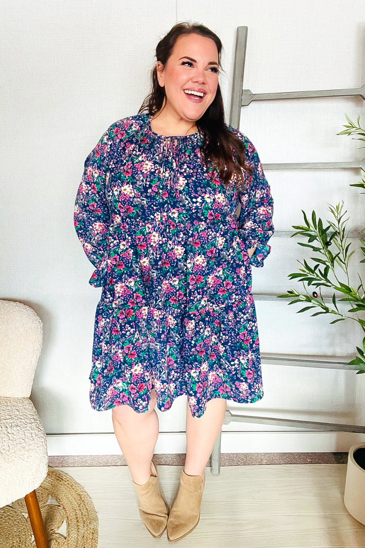 Garden Stroll - Bow-Tie Babydoll Dress - Navy - Joy & Country