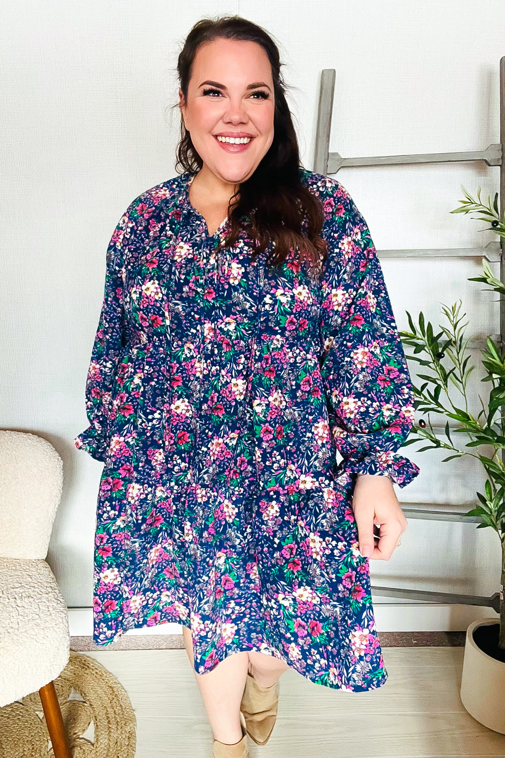 Garden Stroll - Bow-Tie Babydoll Dress - Navy - Joy & Country