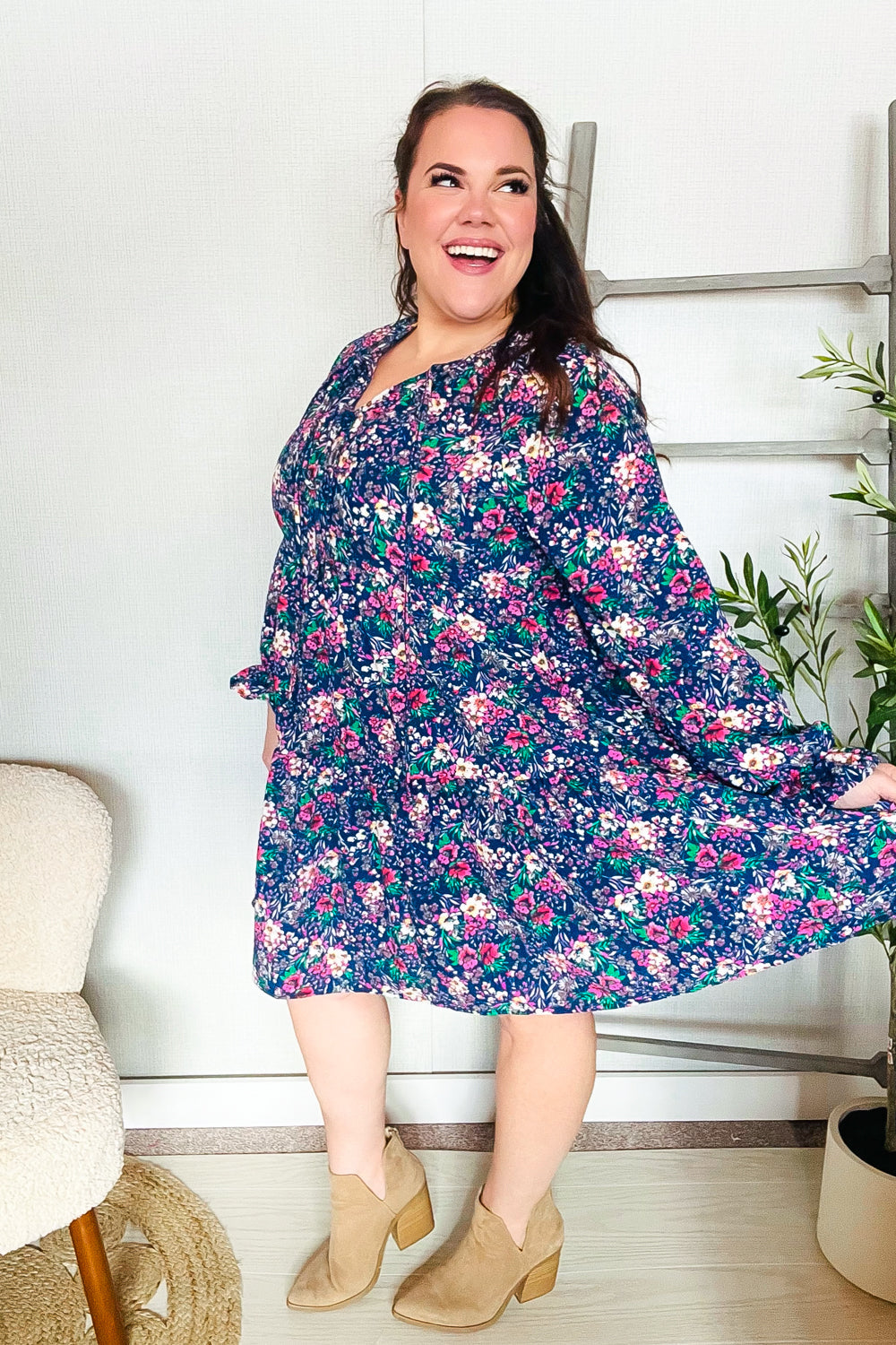 Garden Stroll - Bow-Tie Babydoll Dress - Navy - Joy & Country