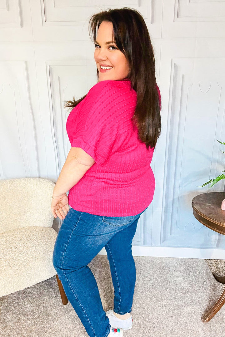 Moving On - Cable-Knit Dolman Sweater Top - Fuchsia
