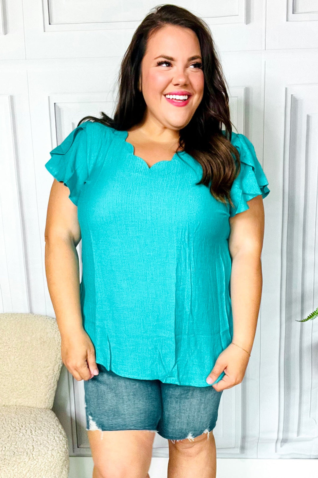 Yours Truly Tulip-Sleeve Top - Teal - Joy & Country