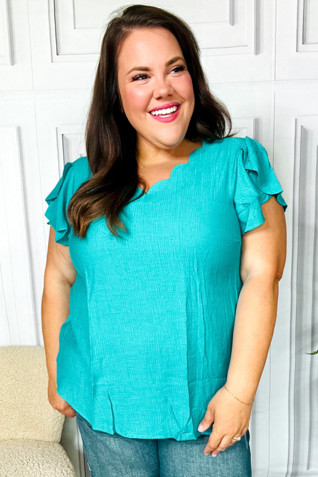 Yours Truly Tulip-Sleeve Top - Teal - Joy & Country