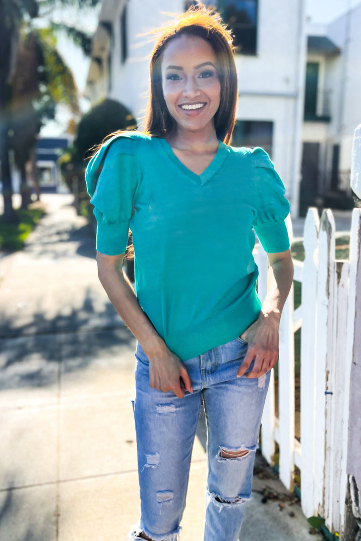 Shirred Puff-Sleeve Sweater Top - Emerald - Joy & Country