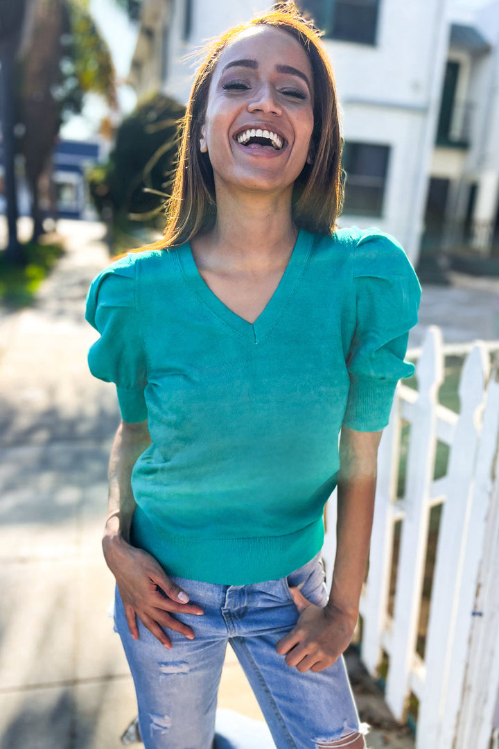 Shirred Puff-Sleeve Sweater Top - Emerald - Joy & Country