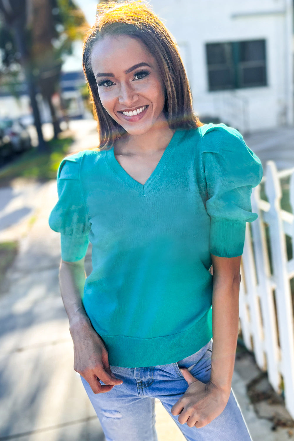 Shirred Puff-Sleeve Sweater Top - Emerald - Joy & Country