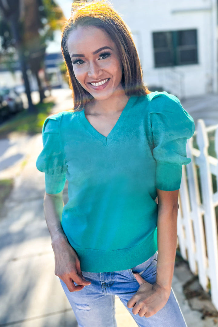 Shirred Puff-Sleeve Sweater Top - Emerald - Joy & Country
