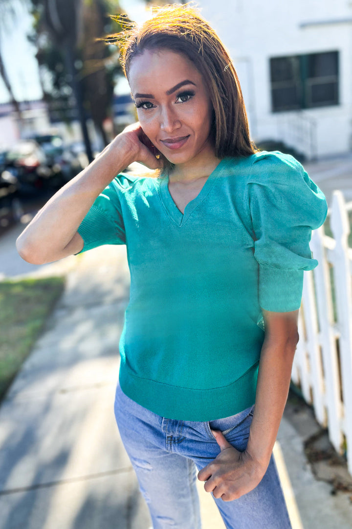 Shirred Puff-Sleeve Sweater Top - Emerald - Joy & Country