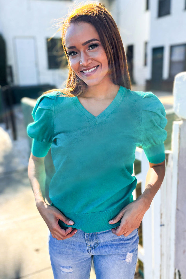 Shirred Puff-Sleeve Sweater Top - Emerald - Joy & Country