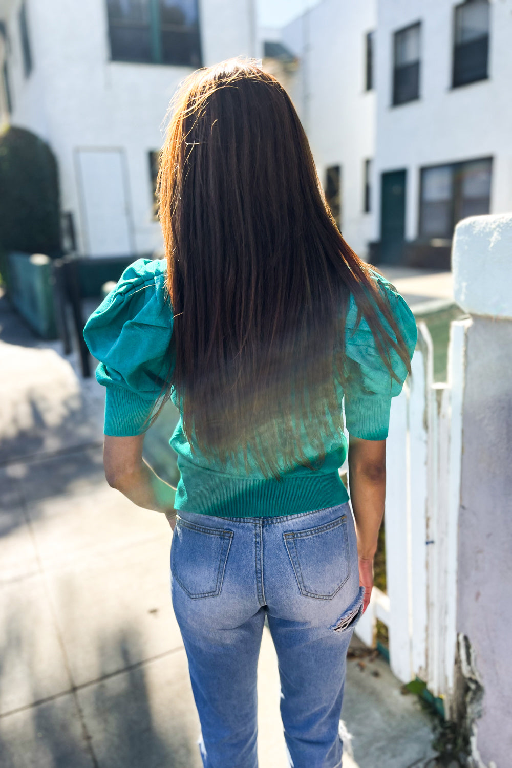 Shirred Puff-Sleeve Sweater Top - Emerald - Joy & Country