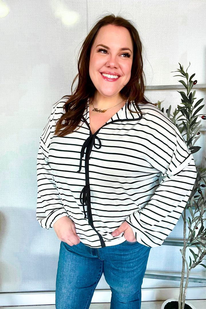 Joy-Filled Striped Bow-Tie French Terry Top - Black & White - Joy & Country