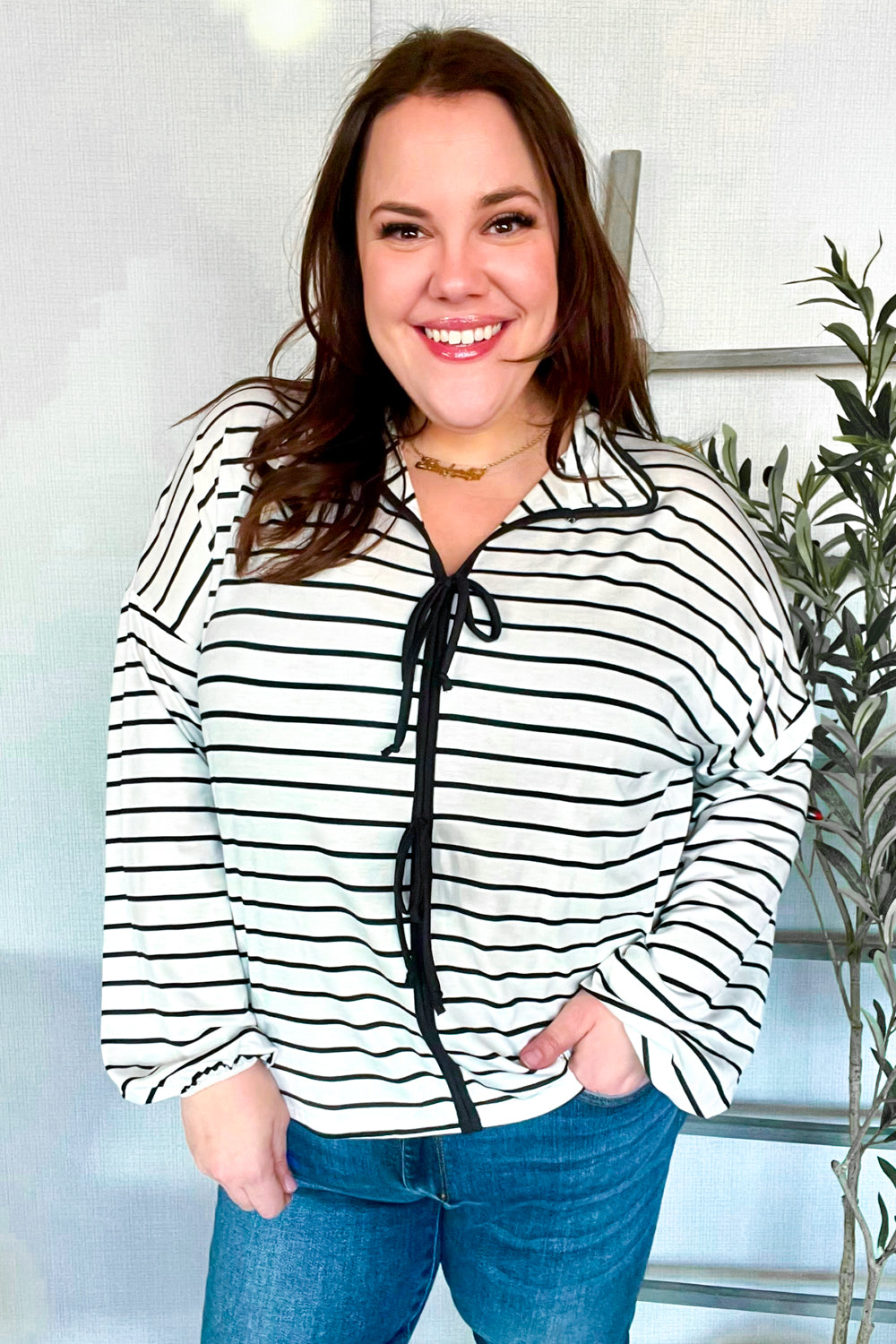 Joy-Filled Striped Bow-Tie French Terry Top - Black & White - Joy & Country