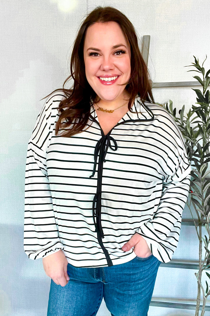 Joy-Filled Striped Bow-Tie French Terry Top - Black & White - Joy & Country