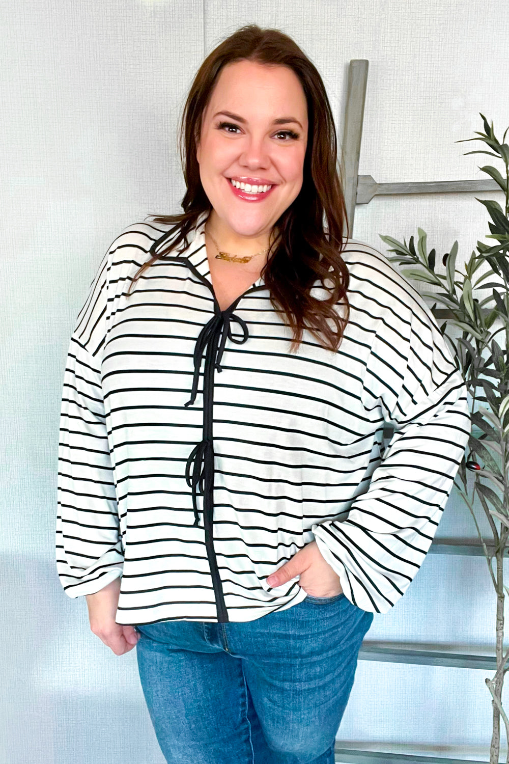 Joy-Filled Striped Bow-Tie French Terry Top - Black & White - Joy & Country