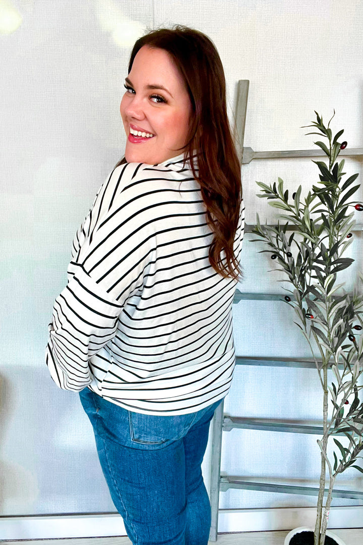 Joy-Filled Striped Bow-Tie French Terry Top - Black & White - Joy & Country
