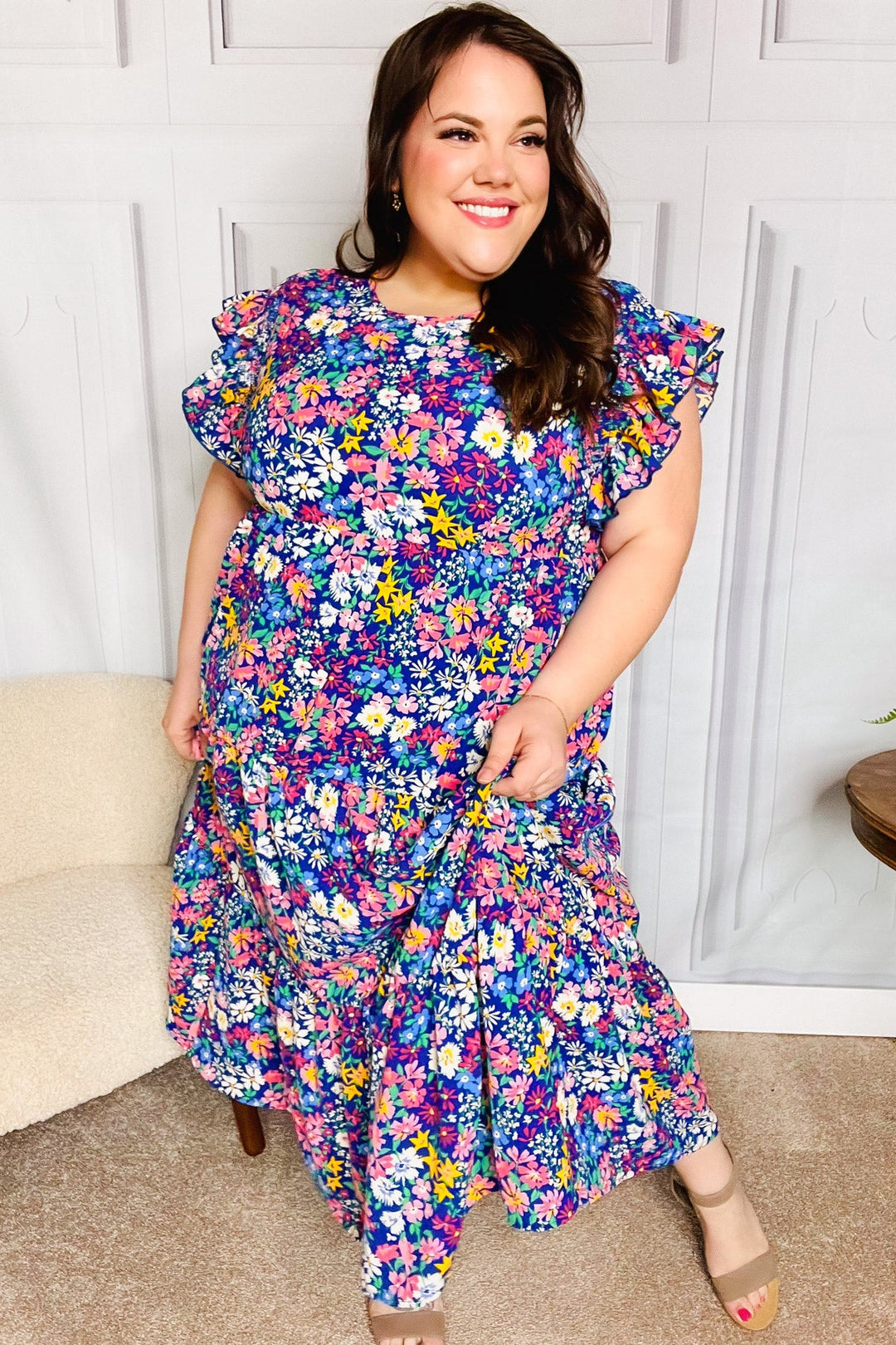 country maxi dress Just A Dream Navy Floral Smocked Ruffle Sleeve Maxi Dress Small