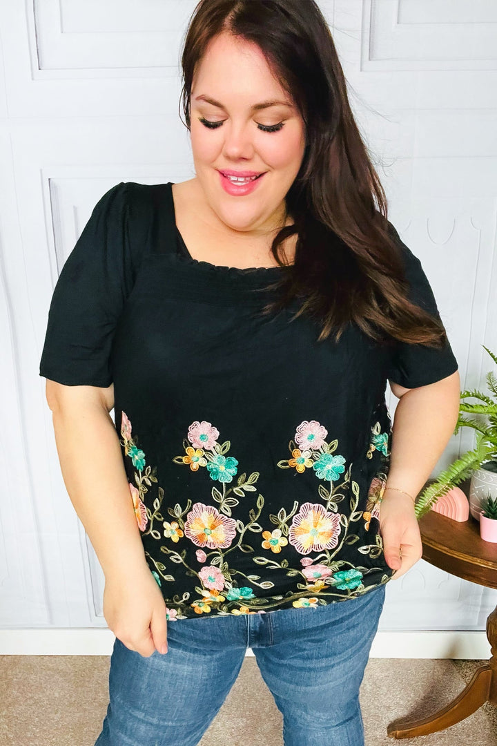 Floral Glam - Embroidery & Lace Smocked Top