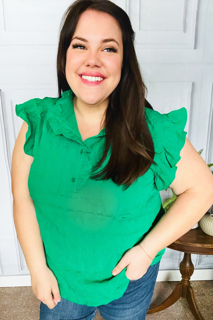 Textured Mock-Neck Button-Down Top - Kelly Green