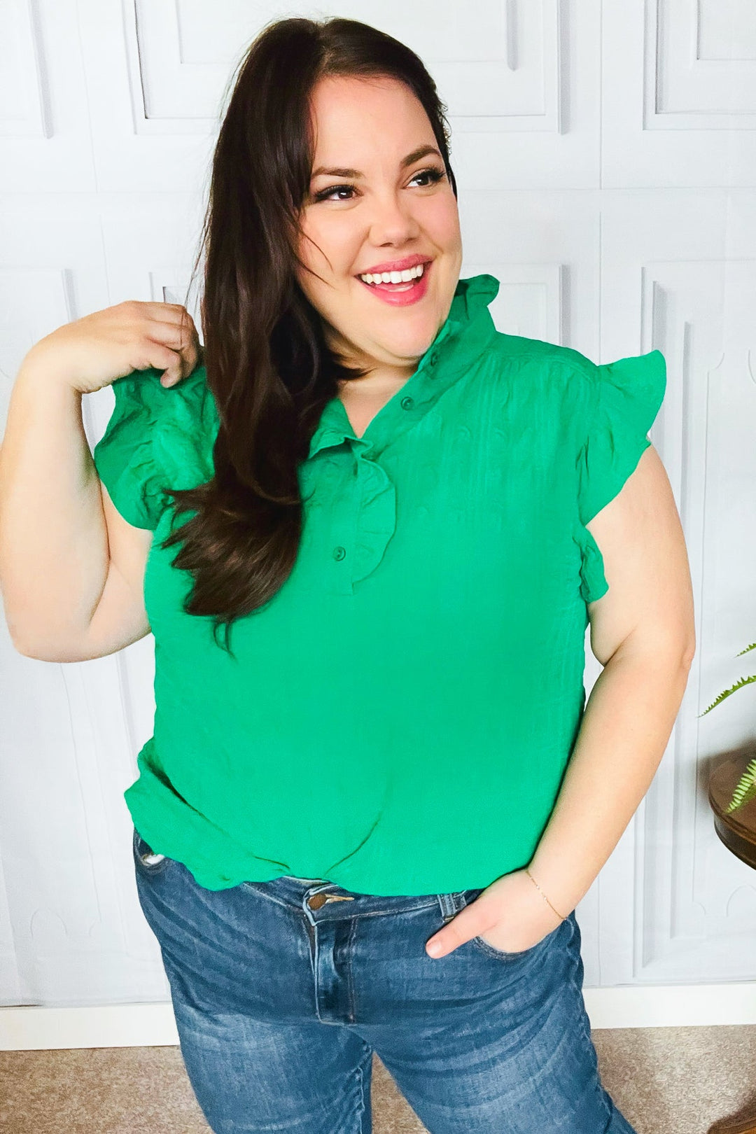 Textured Mock-Neck Button-Down Top - Kelly Green