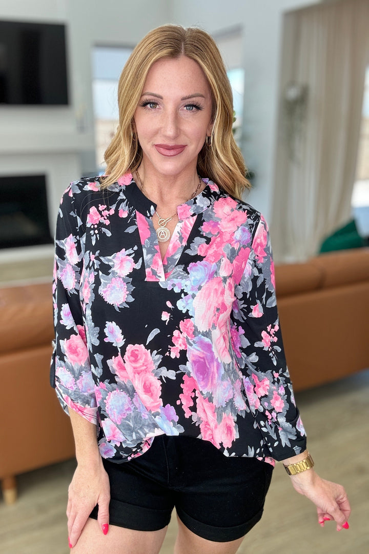 Lizzy 3/4 Sleeve Top in Black and Dusty Pink Floral